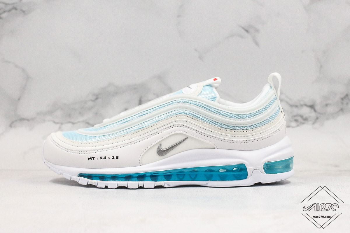 Nike Air Max 97 Mschf X Inri jesus Shoes.The special thing about this  pair of shoes is that the air cushion position is really filled with water  into the inside, walking around